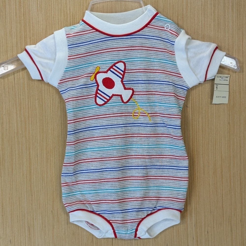 Vintage Toddletime JCPenney Airplane Striped Creeper Bodysuit Size 1 NEW